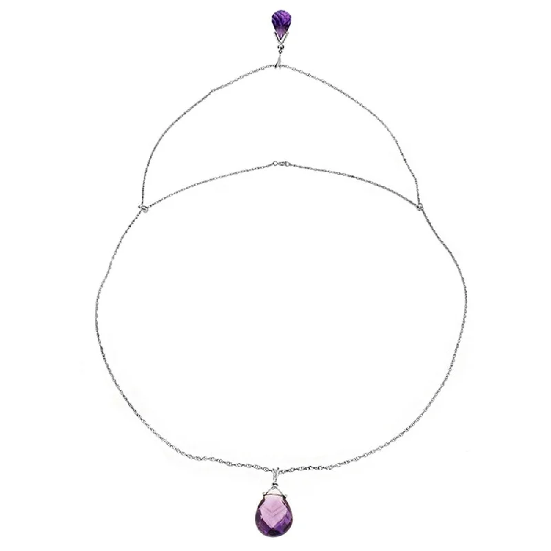 Thai style necklaces-14K Solid White Gold Front and Back Drop Necklace with Briolette Amethysts