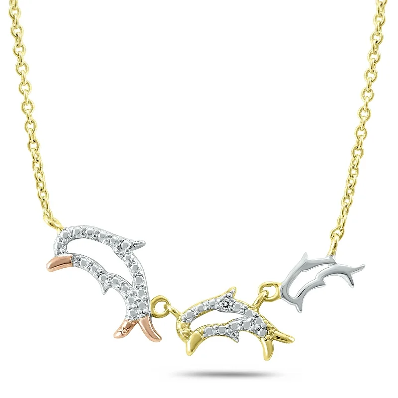 Agate stone necklaces-Marquee Diamond Accent Dolphin Family Necklace in Gold Plated .925 Sterling Silver