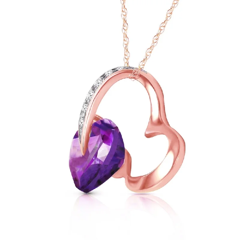 Drape-style necklaces-14K Solid Rose Gold Heart Necklace with Natural Diamond & Amethyst