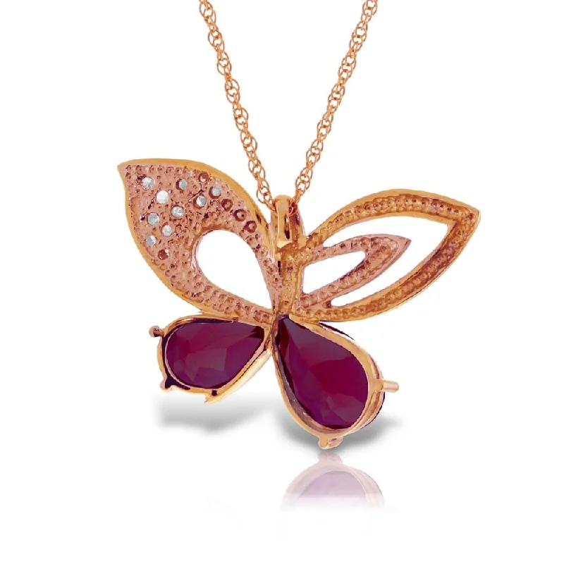 Sleek drop necklaces-14K Solid Rose Gold Batterfly Necklace withNatural Diamonds & rubyes