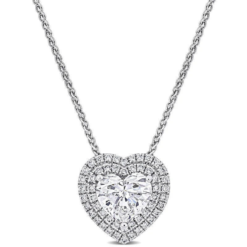 Shiny pearl necklaces-Miadora 1 4/5ct TDW Heart-cut Diamond Double Halo Necklace in 14k White Gold