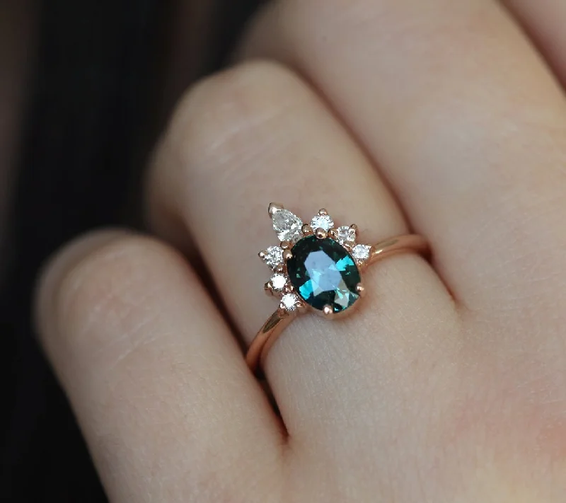 Fox motif engagement rings-Electra Teal Sapphire Diamond Ring