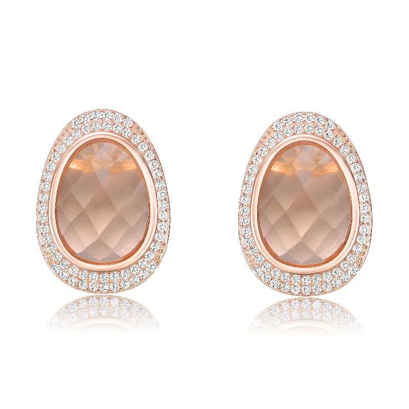 Light Peach and White Cubic Zirconia Oval Shaped Stud Earrings