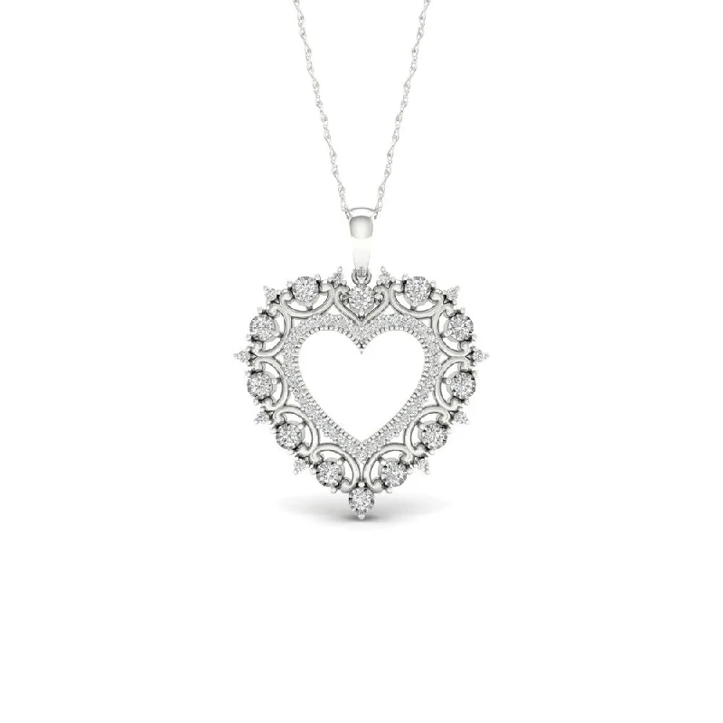 Secure clasp necklaces-De Couer 10k White Gold 1/4ct TDW Diamond Filigree Heart Necklace