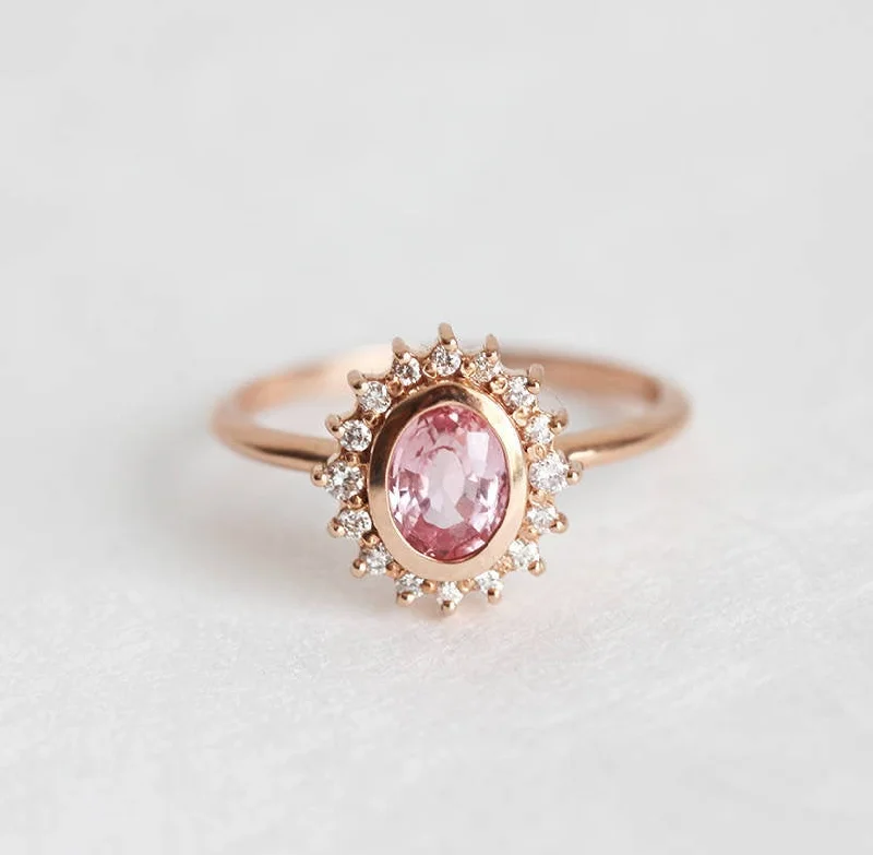 Round cut engagement rings-Angie Peach Pink Sapphire Diamond Ring