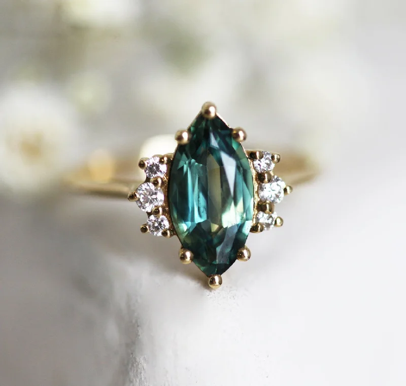 Sleek band engagement rings-Morena Teal Sapphire Diamond Ring