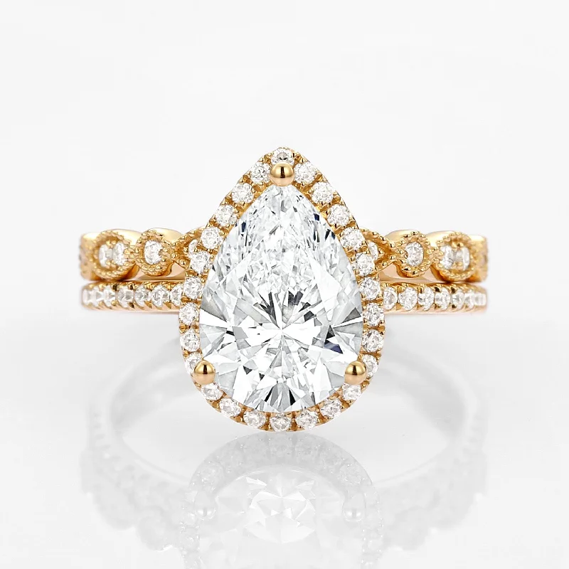 Subtle accent engagement rings-2.0ct Vintage Halo Pear Lab Grown Diamond Ring Set 2pcs