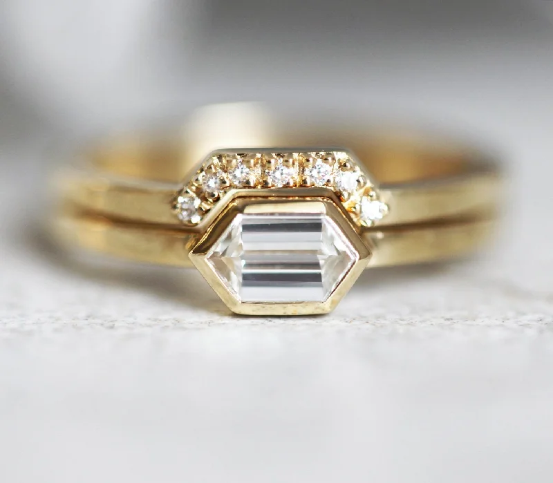 Satin finish engagement rings-Hexagon Diamond Ring, Modern Diamond Ring Set