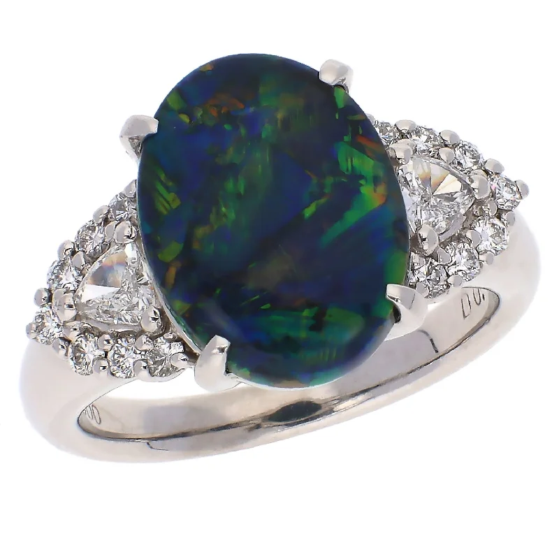 Crystal-twisted engagement rings-Platinum Australian Lightning Ridge Black Opal and Diamond Ring