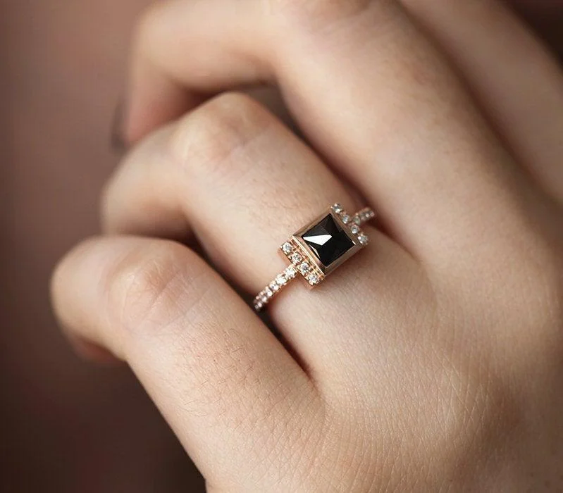 Infinity band engagement rings-Princess-Cut Black Diamond Ring With White Diamond Accents