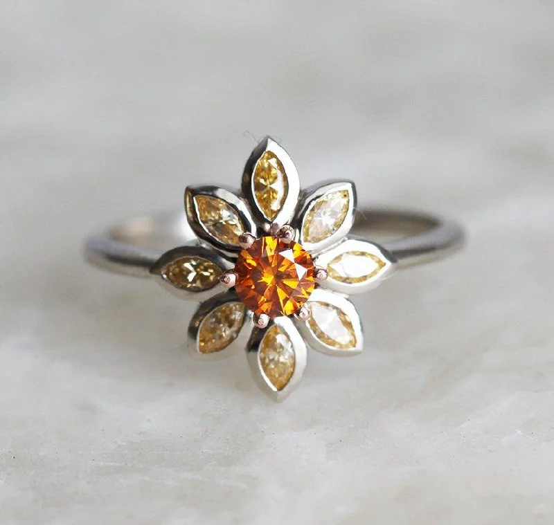 Wide halo engagement rings-Katy Orange Diamond Ring, Yellow Diamond Ring