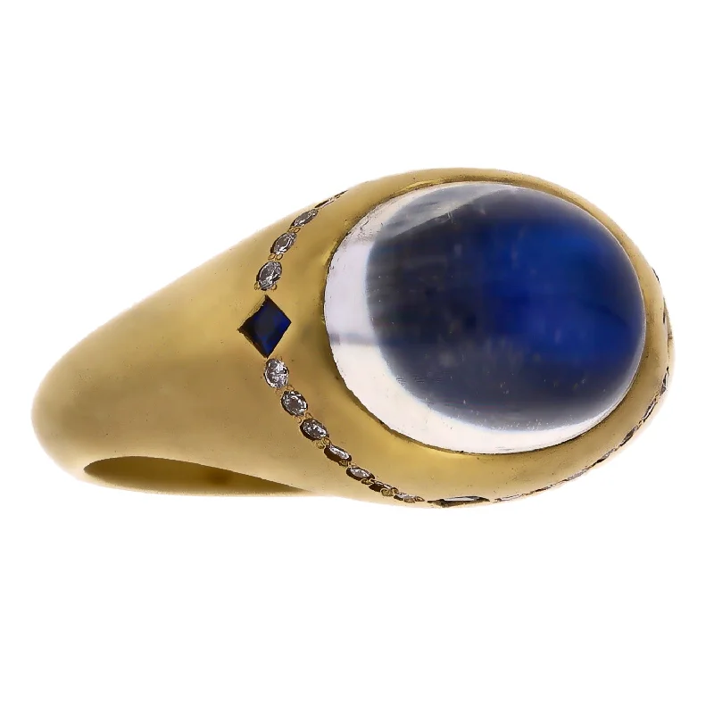 Silk detail engagement rings-18K Yellow Gold Moonstone, Sapphire, and Diamond Ring