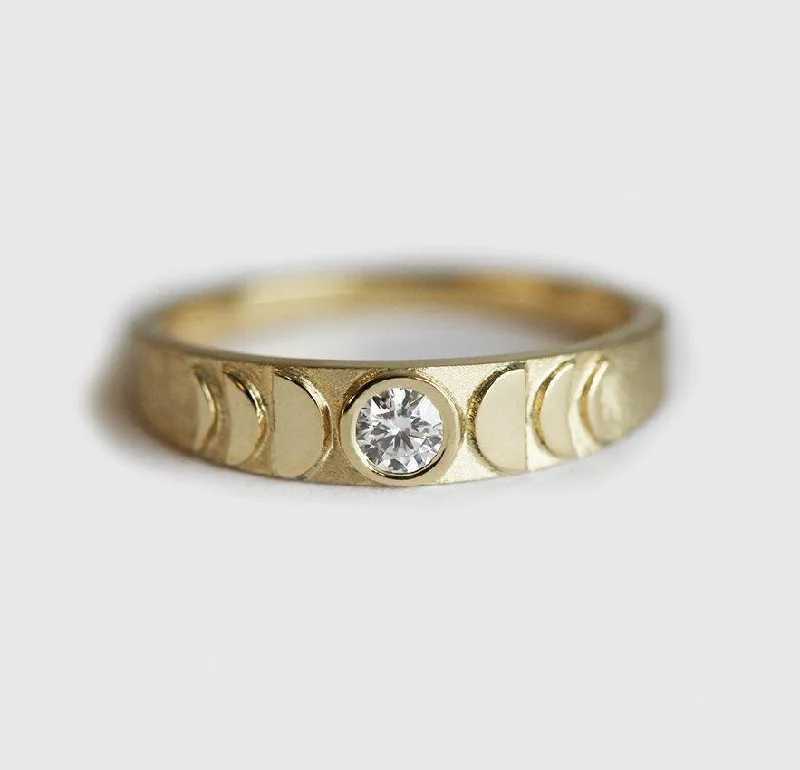 Cluster diamond engagement rings-Gold moon phase ring, diamond ring 14k