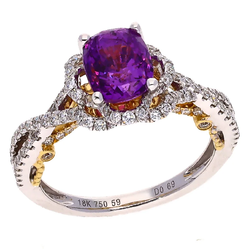 Topaz gem engagement rings-18K Two Tone White & Yellow Gold Oval Purple Sapphire and Diamond Ring Size 6.5