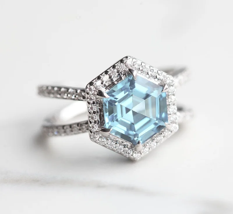 Handcrafted engagement rings-Ambrosia Hexagon Aquamarine and Diamond Ring