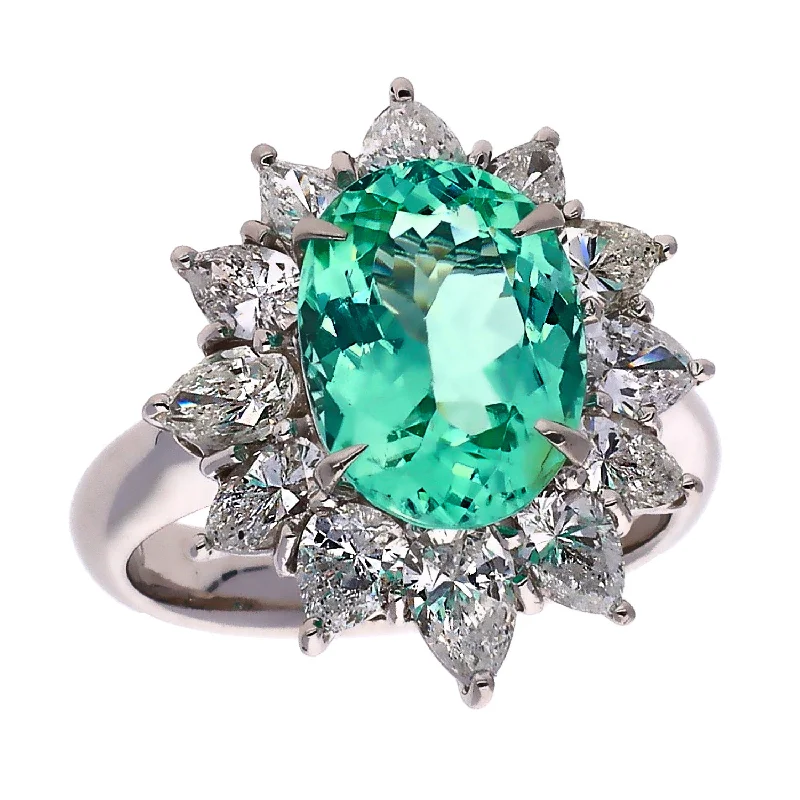 Double band engagement rings-18K White Gold Paraiba Tourmaline and Diamond Ring