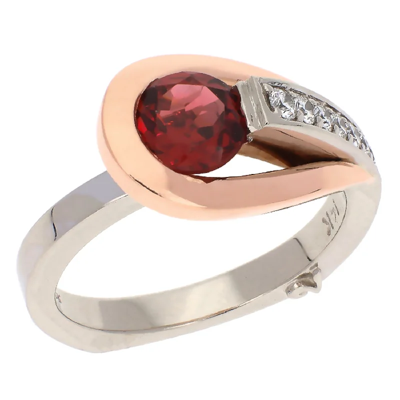 Tide inlay engagement rings-Ancora Design 14K White and Rose Gold Garnet and Diamond Ring