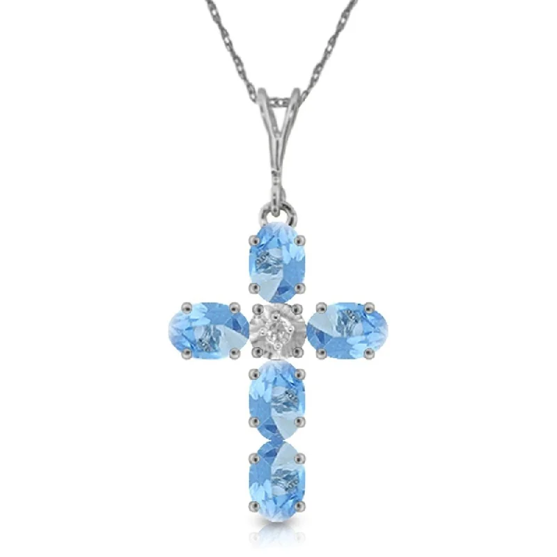 Engraved initial necklaces-1.75 Carat 14K White Gold Cross Necklace Natural Diamond Blue Topaz