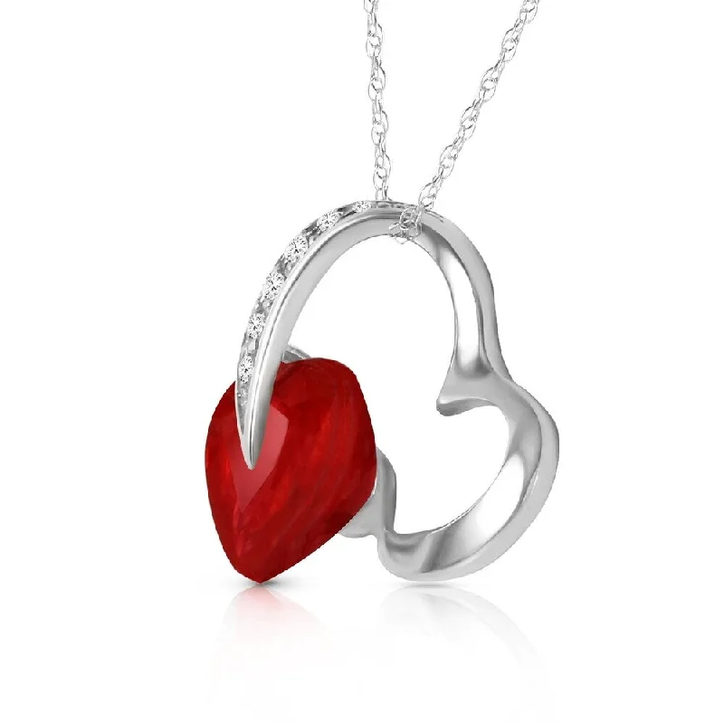 Multi-layer necklaces-14K Solid White Gold Heart Necklace withNatural Diamond & Ruby