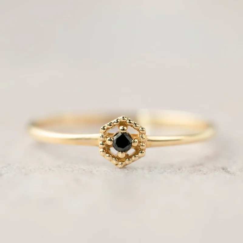 Secure clasp engagement rings-Hexagon Black Diamond Ring