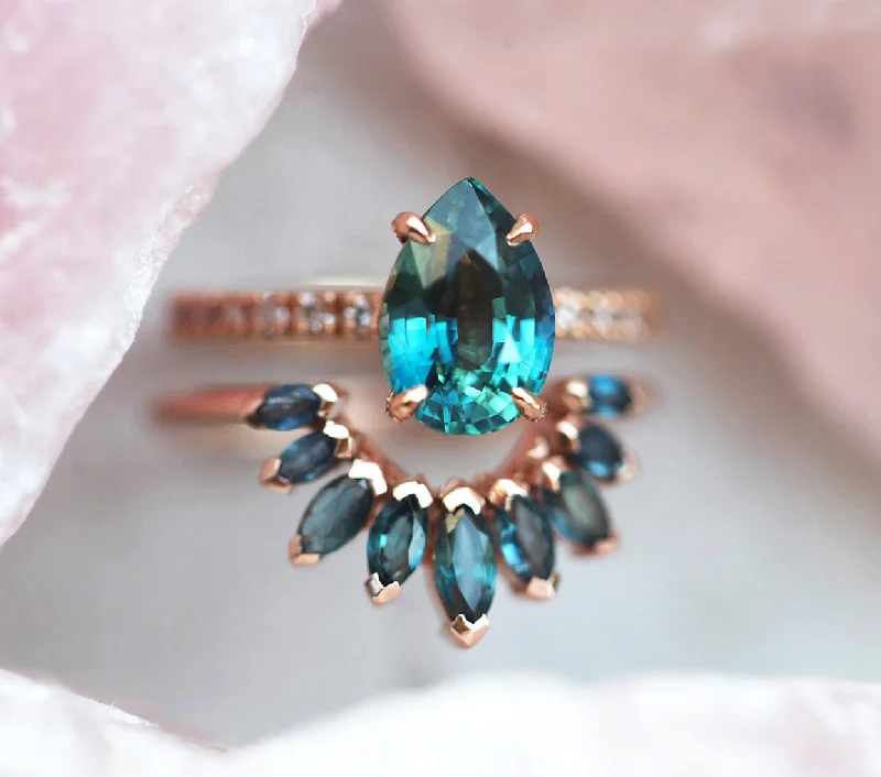 Topaz stone engagement rings-Brene Teal Sapphire Diamond Ring Set