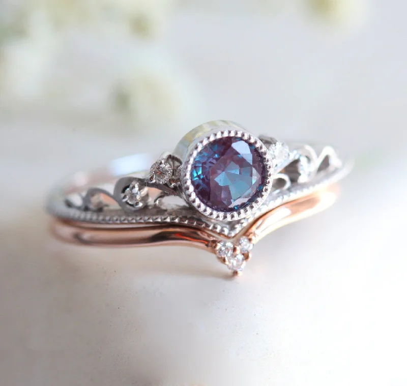 Light clay engagement rings-Erica Alexandrite & Diamond Ring Set